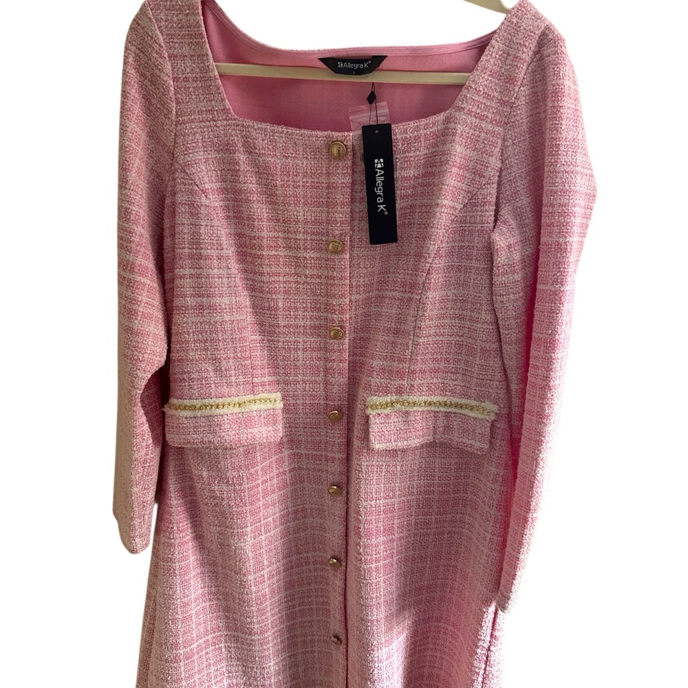 New With Tag Large Allegra K Pink Tweed Long Sleeves Buttoned Dress Square Neck‎